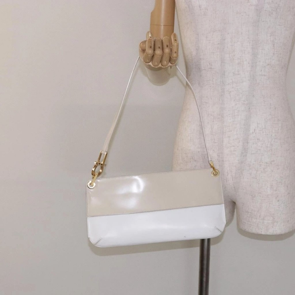 Salvatore Ferragamo Hand Bag Patent Leather Beige Gold Auth